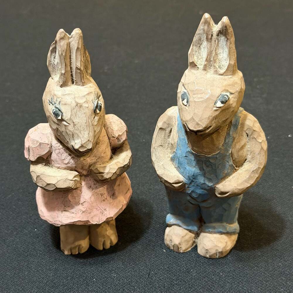 Vintage Hand-Carved Wooden Rabbit Figurines by K. Bundy 1988